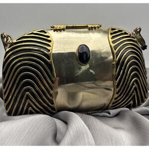 Vintage Oval Bag Golden Black Brass Onyx Stone Small Strap Black Nylon 4*7